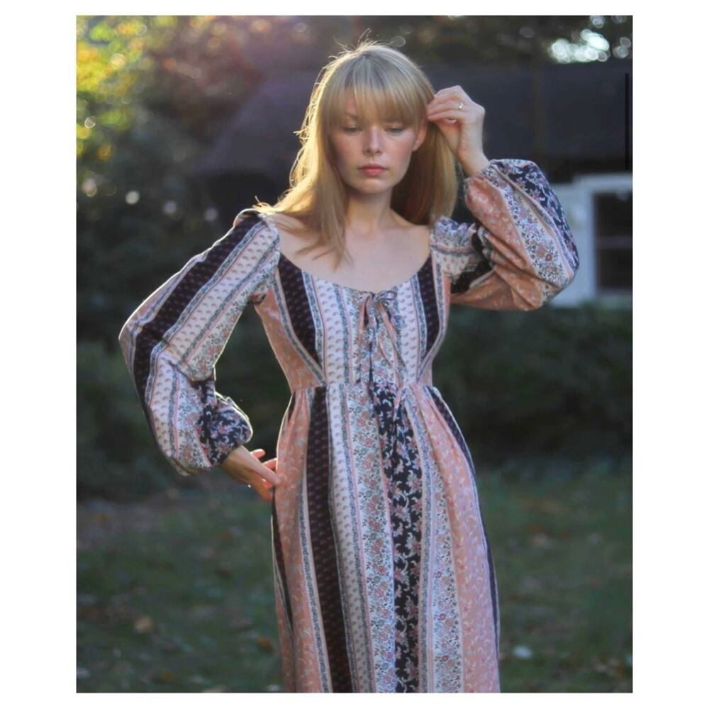 Onirik Marcela Dress Peach and Black Floral Stripe Cotton Size XS - Picture 4 of 12